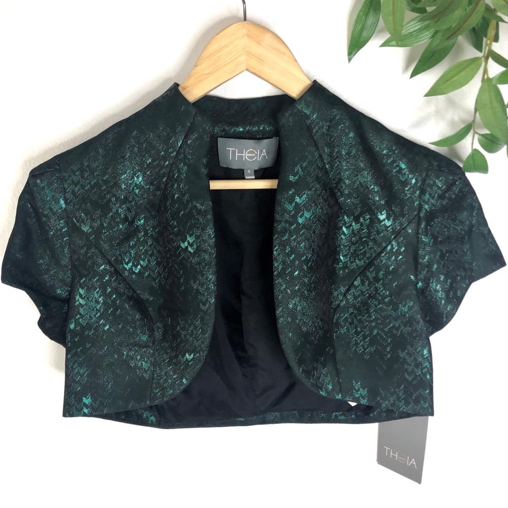 Theia Green Metallic Cropped Bolero Shrug Top